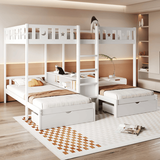 Beliche triplo alto 140×200 cm + 90×200 cm - com escada, espaço de arrumação e duas gavetas, grade de segurança com desenhos de estrelas e lua, estrutura em madeira maciça, cama infantil - branco