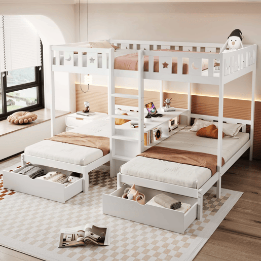 Beliche triplo alto 140×200 cm + 90×200 cm - com escada, espaço de arrumação e duas gavetas, grade de segurança com desenhos de estrelas e lua, estrutura em madeira maciça, cama infantil - branco
