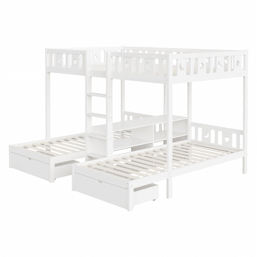 Beliche triplo alto 140×200 cm + 90×200 cm - com escada, espaço de arrumação e duas gavetas, grade de segurança com desenhos de estrelas e lua, estrutura em madeira maciça, cama infantil - branco