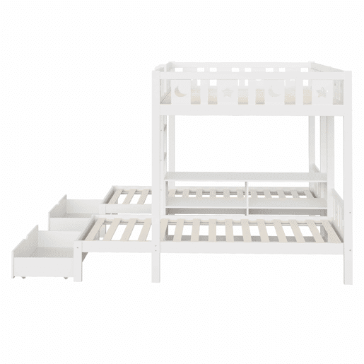 Beliche triplo alto 140×200 cm + 90×200 cm - com escada, espaço de arrumação e duas gavetas, grade de segurança com desenhos de estrelas e lua, estrutura em madeira maciça, cama infantil - branco