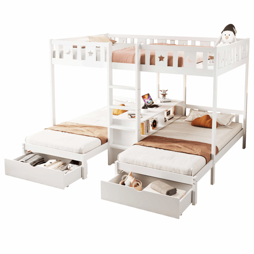 Beliche triplo alto 140×200 cm + 90×200 cm - com escada, espaço de arrumação e duas gavetas, grade de segurança com desenhos de estrelas e lua, estrutura em madeira maciça, cama infantil - branco