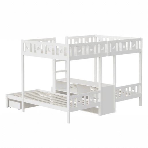 Beliche triplo alto 140×200 cm + 90×200 cm - com escada, espaço de arrumação e duas gavetas, grade de segurança com desenhos de estrelas e lua, estrutura em madeira maciça, cama infantil - branco