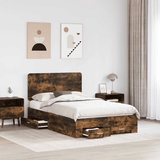 Estrutura de cama de casal com cabeceira - Carvalho Defumado 135 x 190 cm