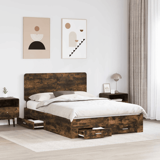 Estrutura de cama de casal com cabeceira - Carvalho Defumado 140 x 200 cm