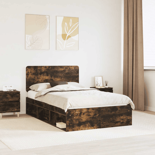 Estrutura de cama de casal com cabeceira - Carvalho Defumado 135 x 190 cm