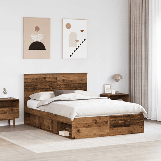 Estrutura de cama de casal com cabeceira - Madeira antiga 135 x 190 cm