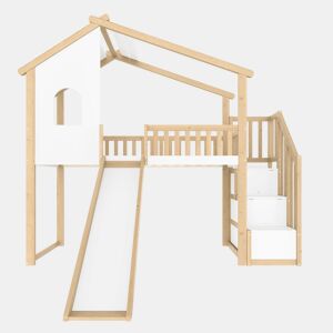 Cama alta 90x200cm - Grade de cama, escada com arrumação, janela, escorrega, ripa de casa - Natural+Branco