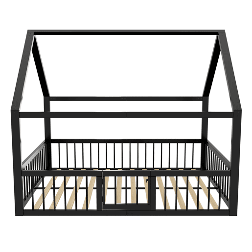 Cama baixa metálica 140x200 cm - estrutura de ferro estilo casa com grade - preta