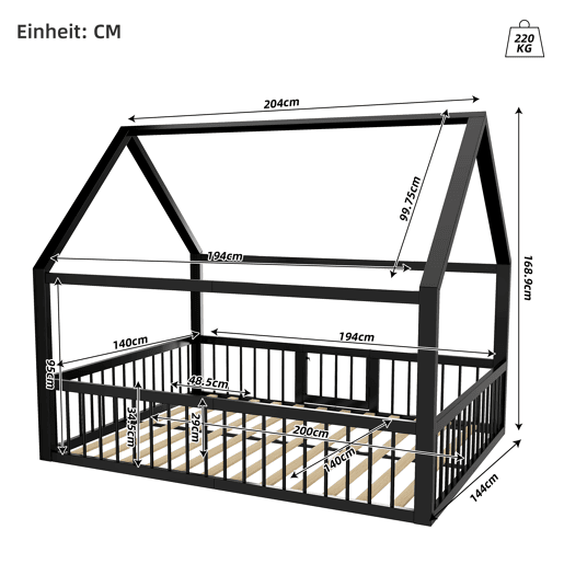 Cama baixa metálica 140x200 cm - estrutura de ferro estilo casa com grade - preta