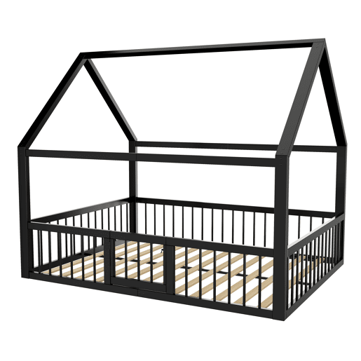 Cama baixa metálica 140x200 cm - estrutura de ferro estilo casa com grade - preta