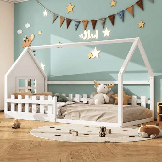 Cama-cama para crianças 90x200 cm - em forma de casinha - em madeira de pinho e MDF - Branco