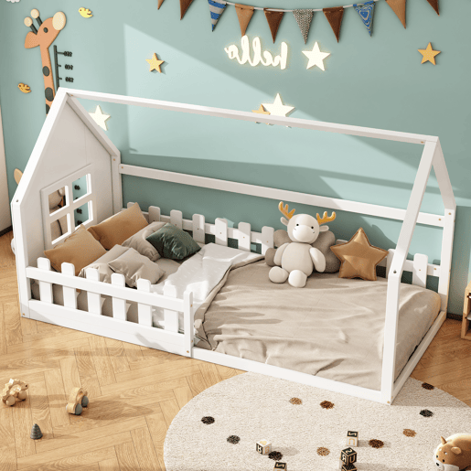 Cama-cama para crianças 90x200 cm - em forma de casinha - em madeira de pinho e MDF - Branco