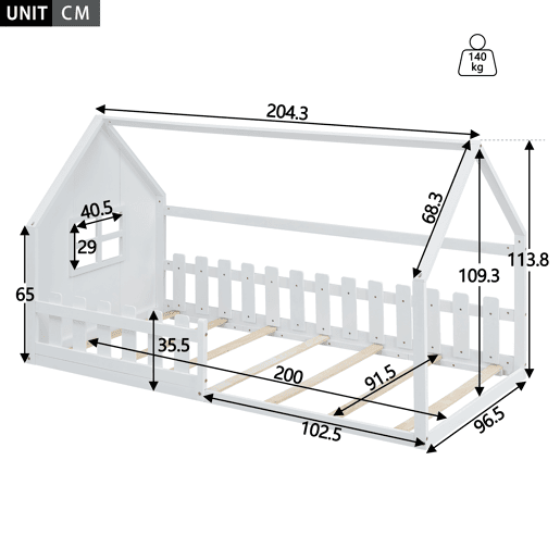 Cama-cama para crianças 90x200 cm - em forma de casinha - em madeira de pinho e MDF - Branco