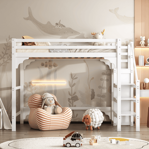 Cama alta com roupeiro - 140x200 cm - com estrado de molas - Branco Cama alta com roupeiro - 140x200 cm - com estrado de molas - Branco