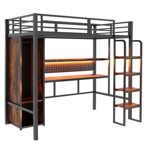 Cama alta metálica 90x200 - secretária, armário, LED e estante - preto