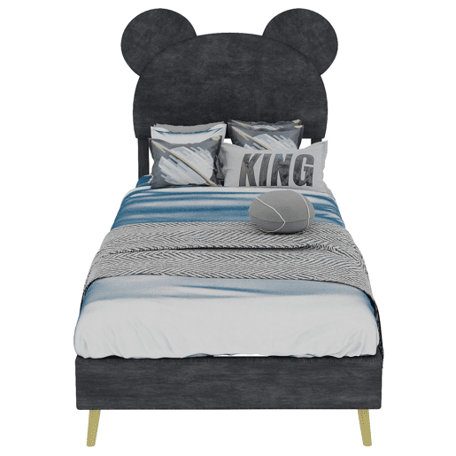 Cama infantil estofada 90x200 - Cabeceira macia com desenhos animados, base baixa sem arrumação - Cinza