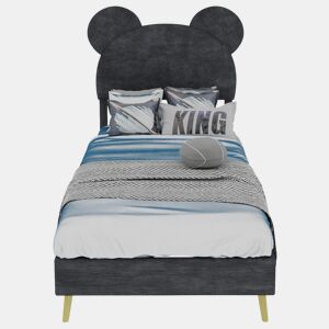 Cama infantil estofada 90x200 - Cabeceira macia com desenhos animados, base baixa sem arrumação - Cinza