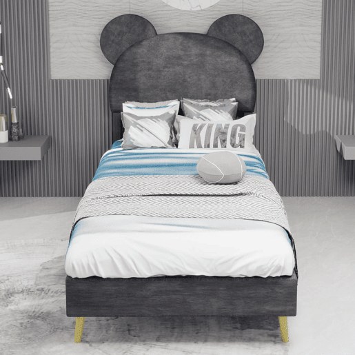 Cama infantil estofada 90x200 - Cabeceira macia com desenhos animados, base baixa sem arrumação - Cinza