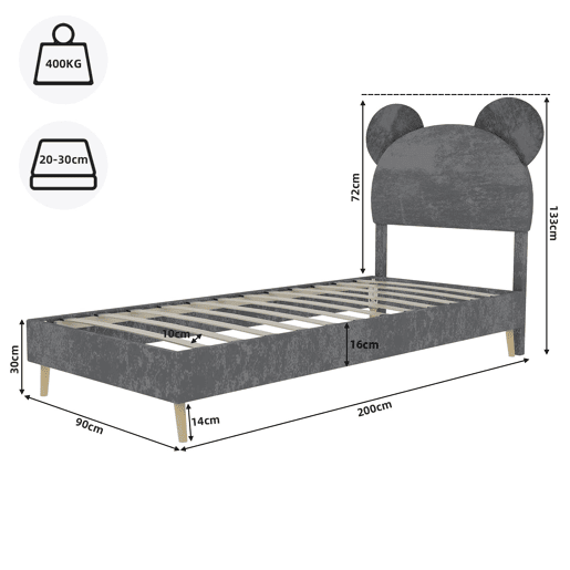 Cama infantil estofada 90x200 - Cabeceira macia com desenhos animados, base baixa sem arrumação - Cinza