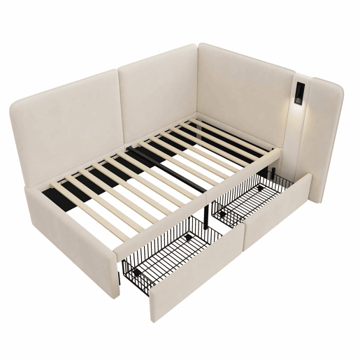 Cama de dia 90 x 200 cm - 2 gavetas, estofada, sofá-cama com porta USB e candeeiro de leitura - bege