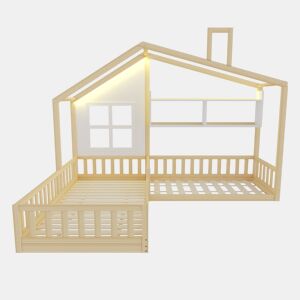 Cama infantil 90x200 cm - Com janela, prateleiras, LED, gaveta e grade - Madeira naturalBranco