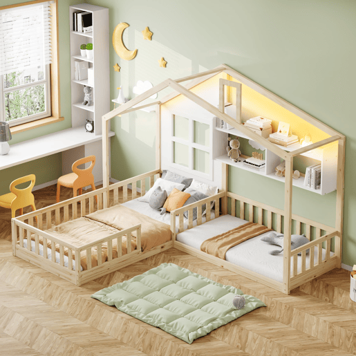 Cama infantil 90x200 cm - Com janela, prateleiras, LED, gaveta e grade - Madeira naturalBranco
