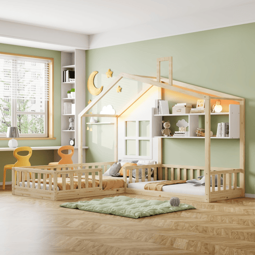 Cama infantil 90x200 cm - Com janela, prateleiras, LED, gaveta e grade - Madeira naturalBranco