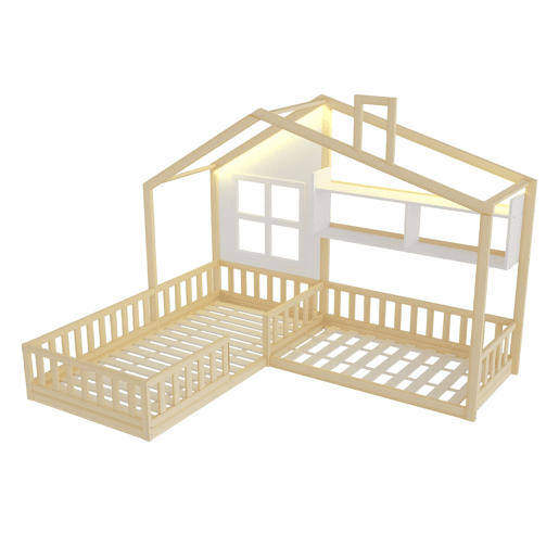 Cama infantil 90x200 cm - Com janela, prateleiras, LED, gaveta e grade - Madeira naturalBranco