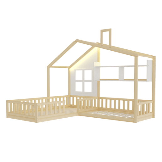 Cama infantil 90x200 cm - Com janela, prateleiras, LED, gaveta e grade - Madeira naturalBranco