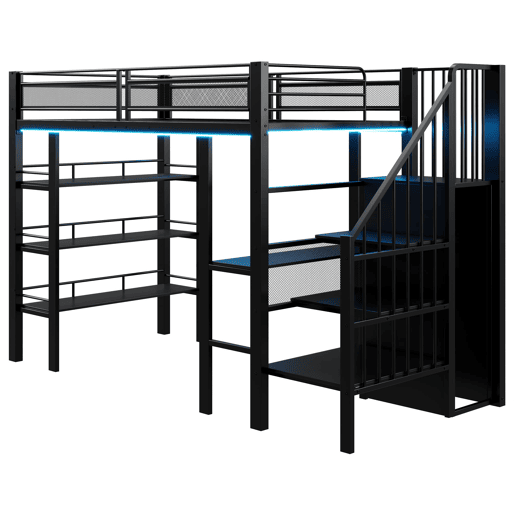 Cama alta 90x200 - com luz LED, tomada, prateleira e estante, multifuncional - preta