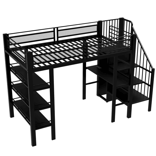 Cama alta 90x200 - com luz LED, tomada, prateleira e estante, multifuncional - preta