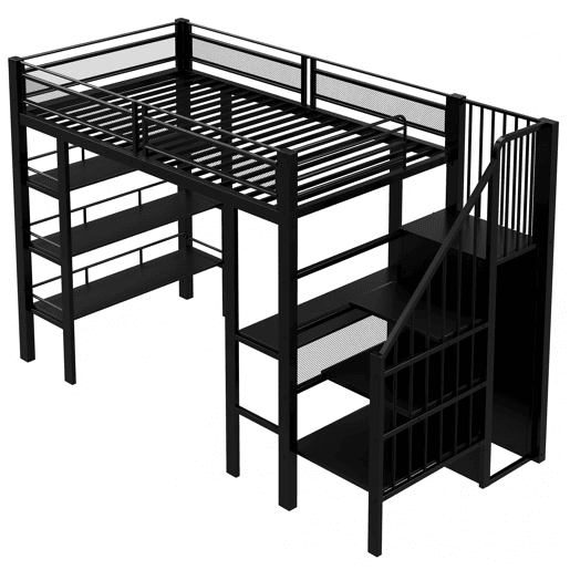 Cama alta 90x200 - com luz LED, tomada, prateleira e estante, multifuncional - preta
