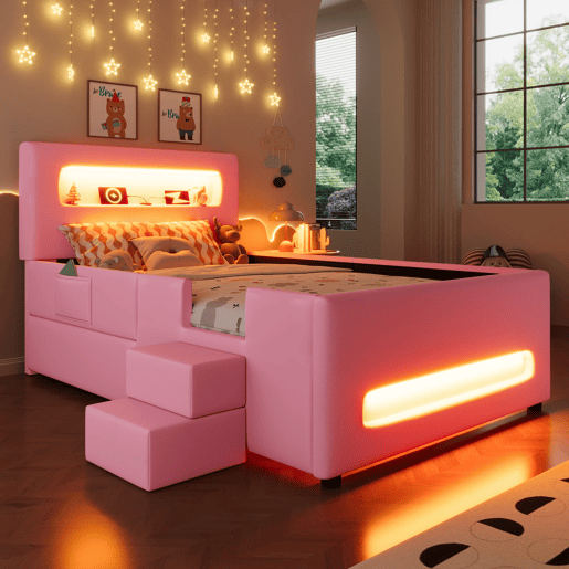 Cama plataforma estofada 90x200 - com escada, gavetas, LED, USB e arrumação - Rosa