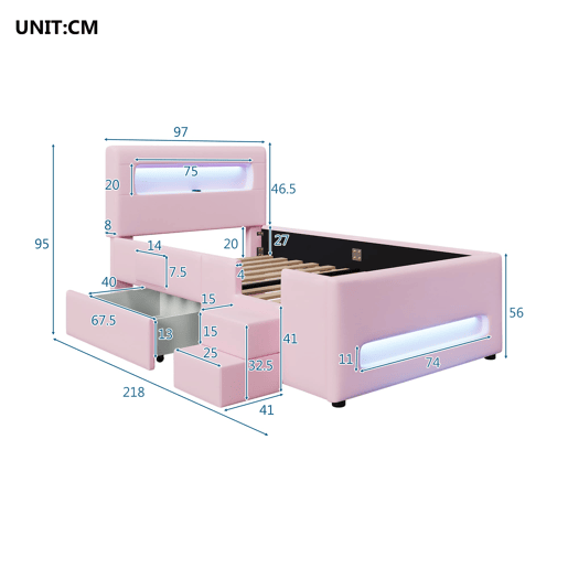 Cama plataforma estofada 90x200 - com escada, gavetas, LED, USB e arrumação - Rosa