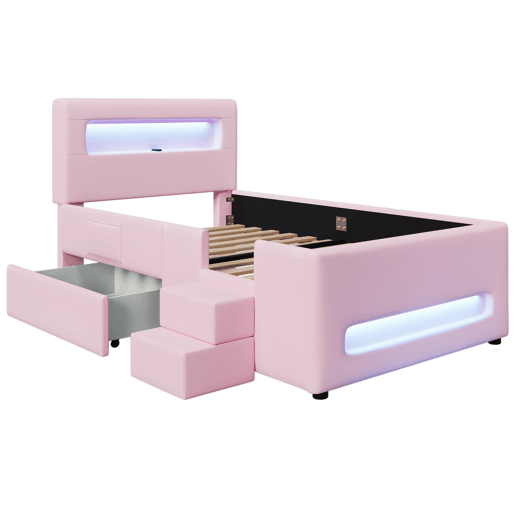 Cama plataforma estofada 90x200 - com escada, gavetas, LED, USB e arrumação - Rosa