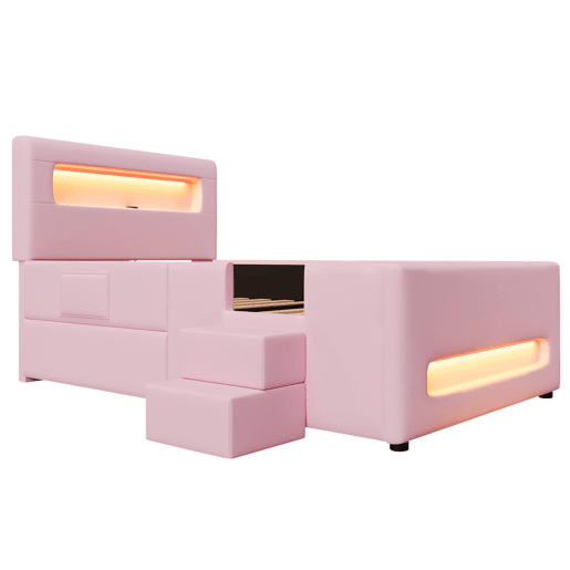 Cama plataforma estofada 90x200 - com escada, gavetas, LED, USB e arrumação - Rosa