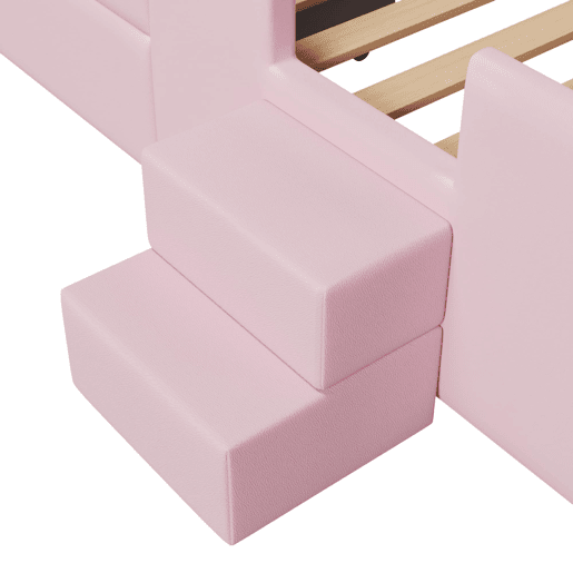 Cama plataforma estofada 90x200 - com escada, gavetas, LED, USB e arrumação - Rosa