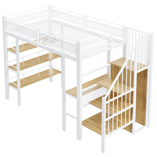 Cama alta 90x200 - com luz LED, tomada, prateleira e estante - Branca