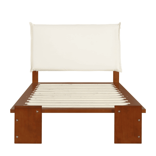 Cama individual 90x200 cm - encosto acolchoado, ripas robustas, pés largos - castanho escuro