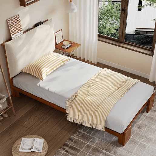 Cama individual 90x200 cm - encosto acolchoado, ripas robustas, pés largos - castanho escuro