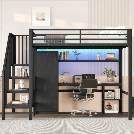 Cama alta metálica 140x200 - com secretária, estante, armário e escada com arrumação - Preto