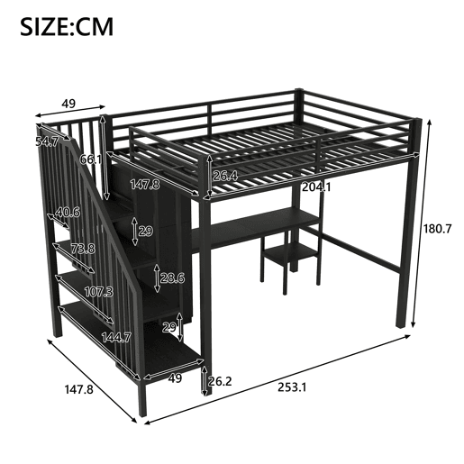 Cama alta metálica 140x200 - com secretária, estante, armário e escada com arrumação - Preto