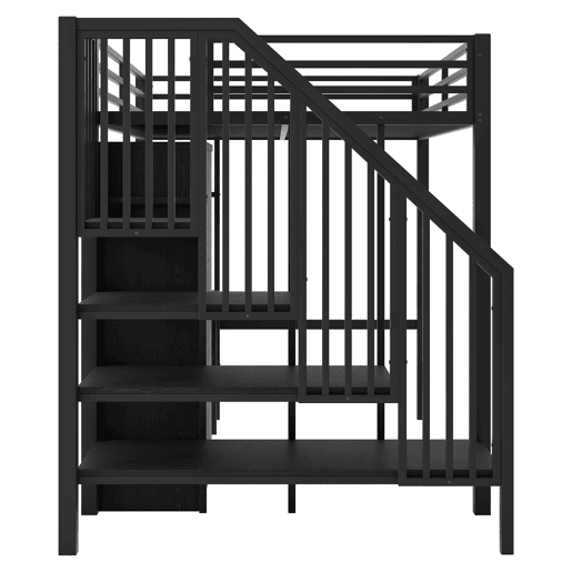 Cama alta metálica 140x200 - com secretária, estante, armário e escada com arrumação - Preto