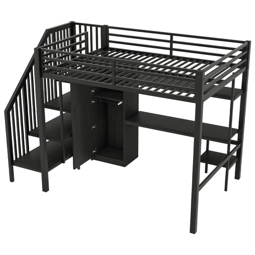 Cama alta metálica 140x200 - com secretária, estante, armário e escada com arrumação - Preto