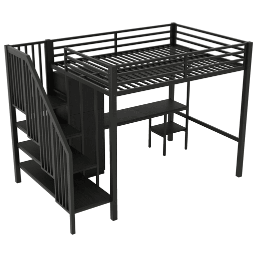 Cama alta metálica 140x200 - com secretária, estante, armário e escada com arrumação - Preto