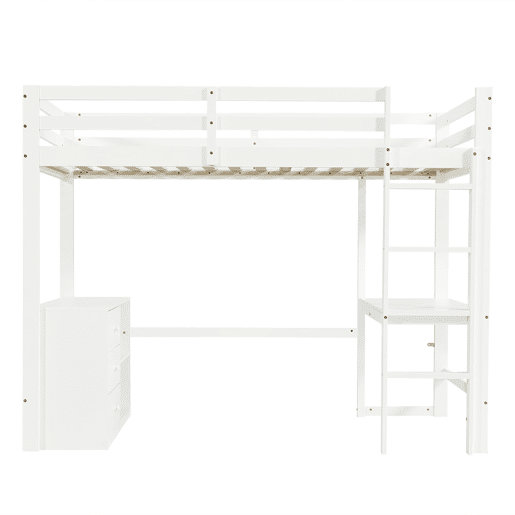 Cama alta infantil 90x200 cm - Com secretária, gaveteiro e estante, escada de 4 degraus - Branco