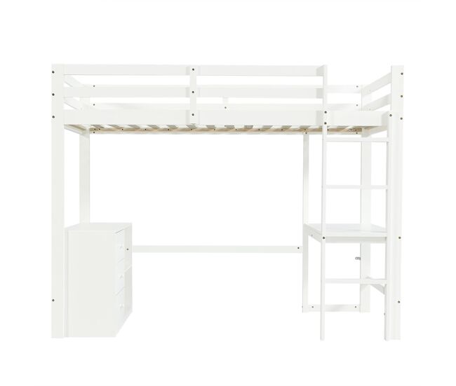 Cama alta infantil 90x200 cm - con escritorio, cajonera y estantería, escalera 4 peldaños - blanco