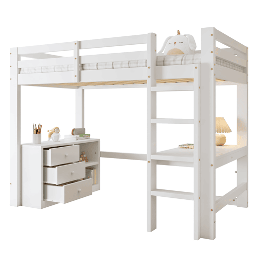 Cama alta infantil 90x200 cm - Com secretária, gaveteiro e estante, escada de 4 degraus - Branco