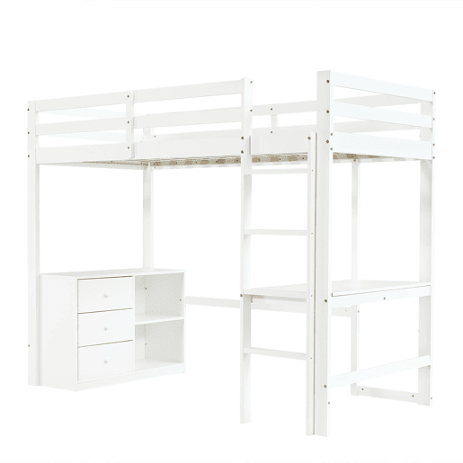 Cama alta infantil 90x200 cm - Com secretária, gaveteiro e estante, escada de 4 degraus - Branco