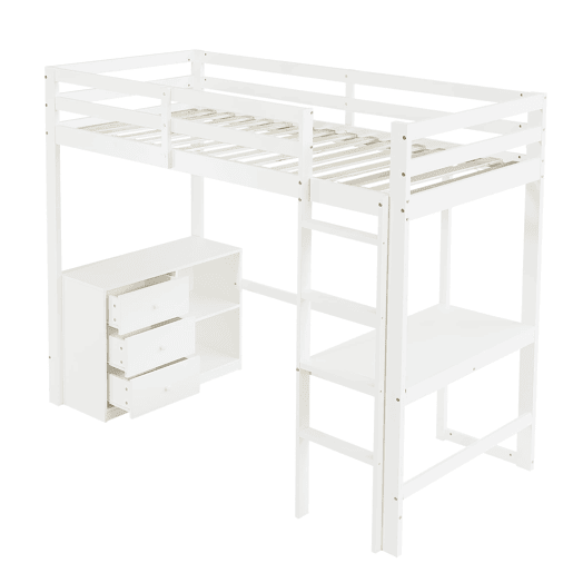 Cama alta infantil 90x200 cm - Com secretária, gaveteiro e estante, escada de 4 degraus - Branco